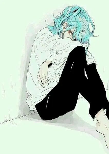 求动漫人物缩在墙角伤心地坐在地上抱双腿把头埋在腿上的图片。