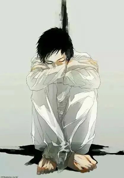 求动漫人物缩在墙角伤心地坐在地上抱双腿把头埋在腿上的图片。