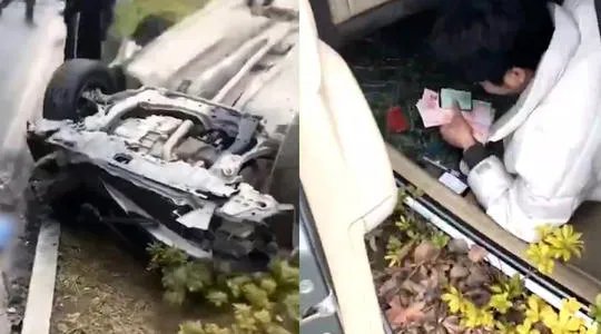 轿车翻车后男子车内淡定数钱，这种情况下汽车会不会爆炸？