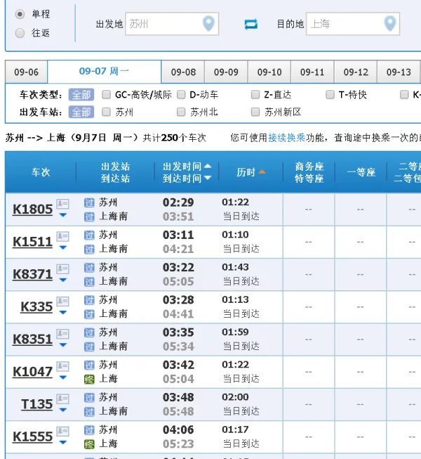 苏州至上海火车站列车时刻表