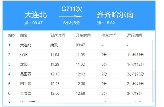 大连到齐齐哈尔的火车时刻表