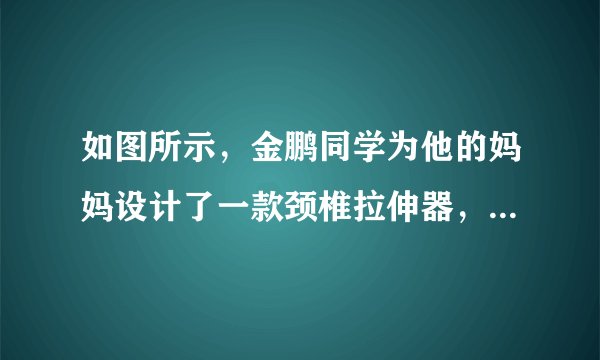 如图所示，金鹏同学为他的妈妈设计了一款颈椎拉伸器，左边滑轮下端是由密度为3×103kg/m3的圆柱体合金块充当配重，它的底面积为5dm2，高为4dm．右边自由端安放颈圈套在患者的颈部．当颈部承受拉力为55N时，配重对地面的压强为p1，当颈部承受的拉力为105N时，配重对地面的压强为p1′，已知p1：p1′=2：1，妈妈重600N，忽略绳重和摩擦，g=10N/kg，求：（1）配重单独放置时对地面的压强；（2）动滑轮自重；（3）当配重与地面的压强为零时，妈妈对地面的压力为多少．
