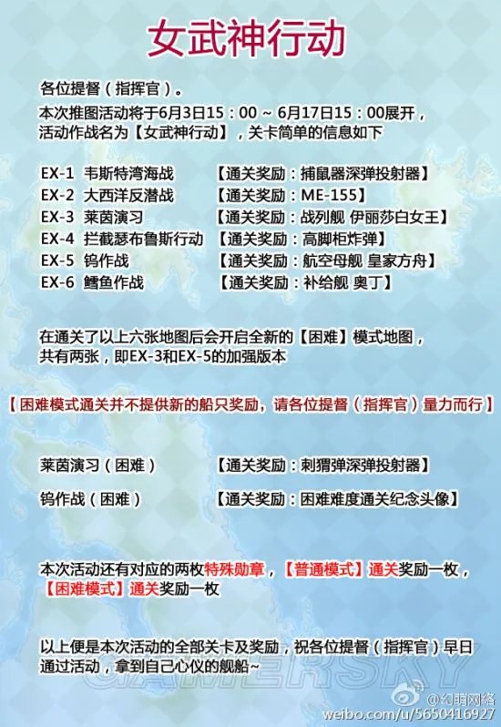 战舰少女r女武神行动活动公告 女武神行动活动奖励