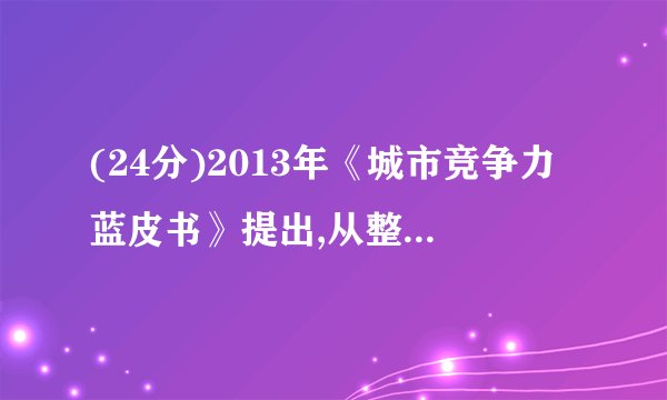 (24分)2013年《城市竞争力蓝皮书》提出,从整体上看,广东省可谓独领风骚,表现异常突出;江苏省稳居第2位,可见江苏省内城市的文化开放程度和多元化程度也是相当高的;山东、福建城市的优势犹在;中西部各省份的文化开放性和多元性的竞争力则相对偏低。结合材料运用文化生活知识分析我国提升文化竞争力的重要性。